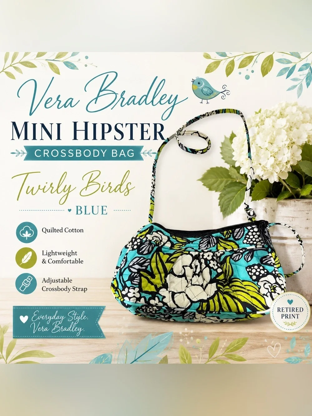 Vera Bradley Mini Hipster Crossbody Bag Twirly Birds Blue Quilted Floral Purse